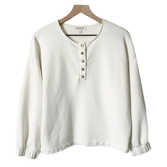 Nation 100% Cotton Callan Henley Sweatshirt in Porcelain White Size Large - Picture 1 of 5